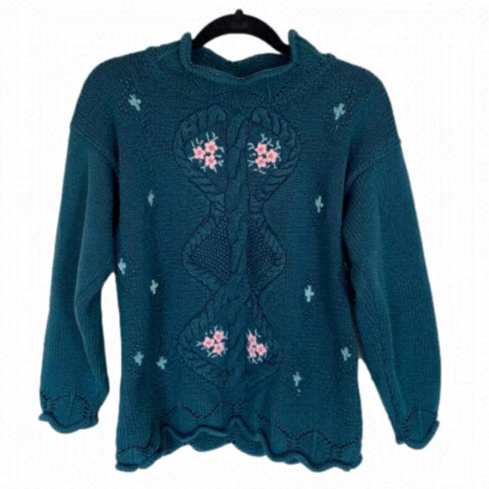 VINTAGE Weekend Edition Hand Knitted Green Floral Sweater
